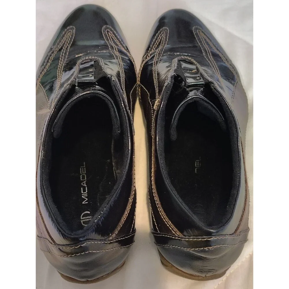 Micadel Black Patent & Metallic Leather Slip On Sneaker Loafer 6 Leather Spain